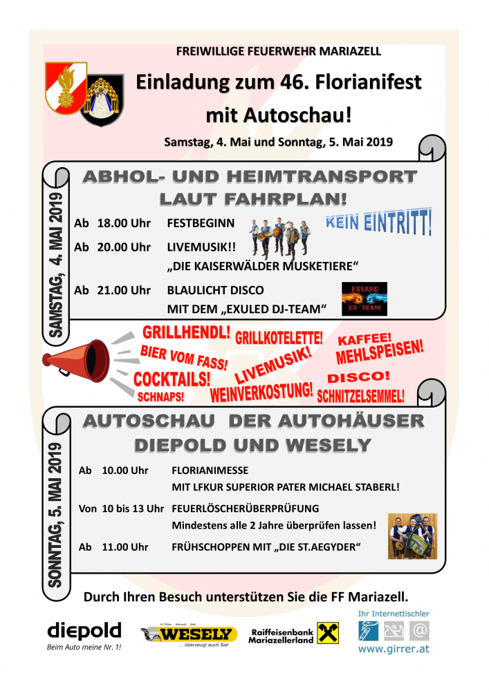 Das erste Grillhendl des Jahres, der erste Sonntags-Frühschoppen – damit verbindet man nahezu selbstverständlich das Feuerwehrfest, welches heuer bereits zum 46. Mal stattfindet und auch diesmal wieder im Rüsthaus der FF Mariazell veranstaltet wird.