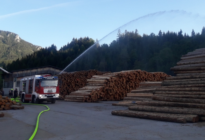 Wasserkanone spritzt auf das Holz im Sägewerk